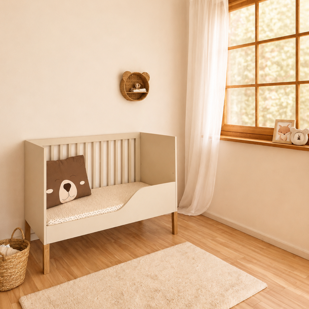 Noor babybed 120x60 cashmere als bankje in kinderkamer