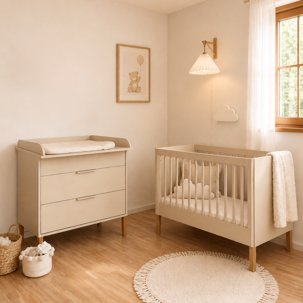Noor babybed 120x60 cashmere met commode in babykamer