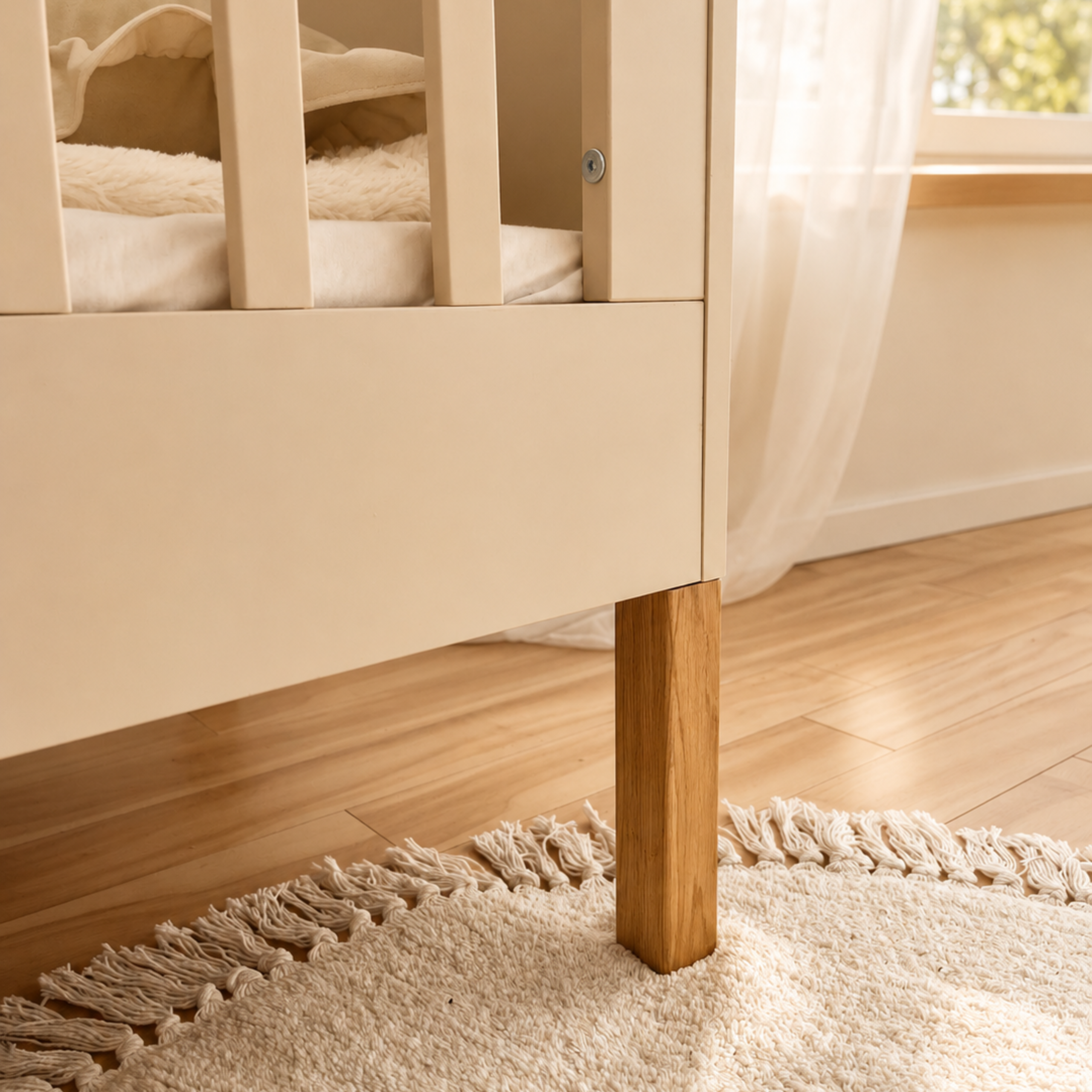 Noor babybed 120x60 cashmere, detail houten poot