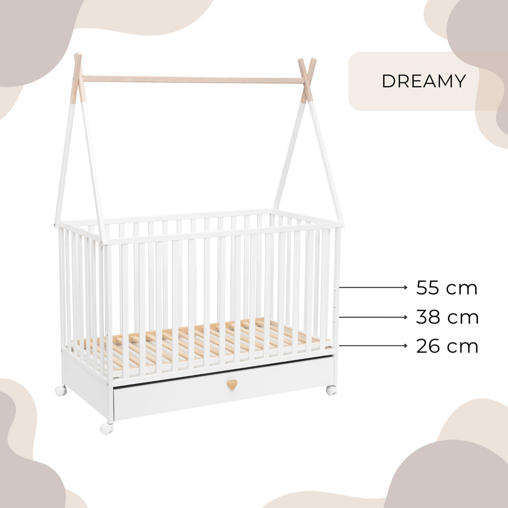 Tipi Dreamy babybed met lade en wieltjes – detail wieltjes