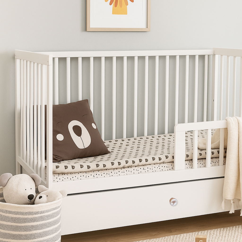 Beau babybed met lade en bijtranden – sfeer kinderkamer