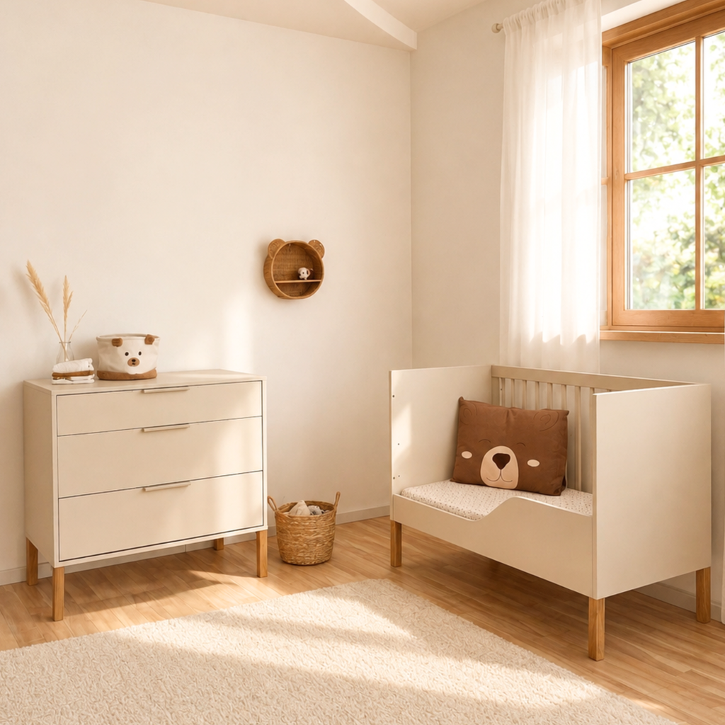 Noor commode cashmere met babybed in kinderkamer