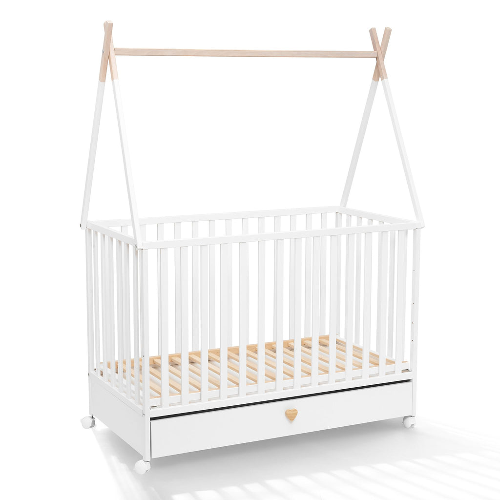 Tipi Dreamy babybed met lade en wieltjes 120x60 – vooraanzicht