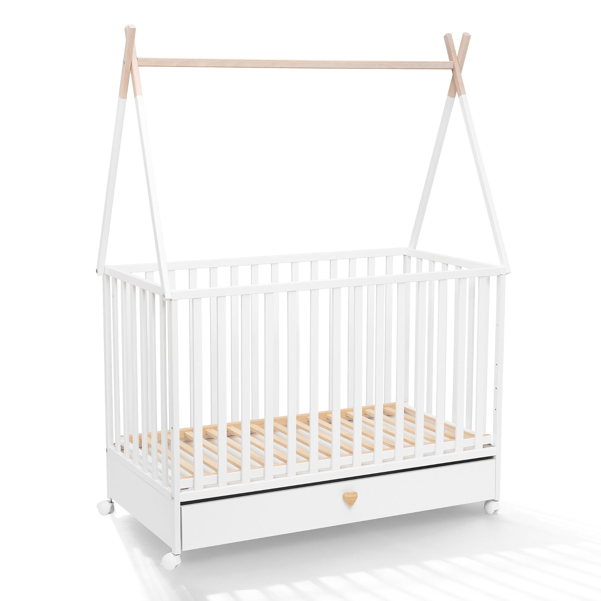 Tipi Dreamy babybed met lade en wieltjes 120x60 – vooraanzicht