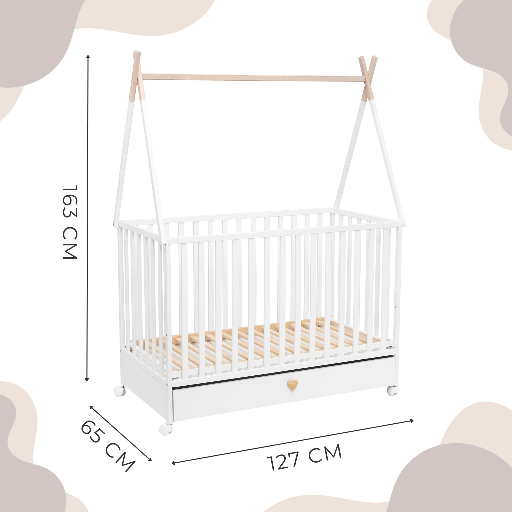 Tipi Dreamy babybed met lade en wieltjes – detail