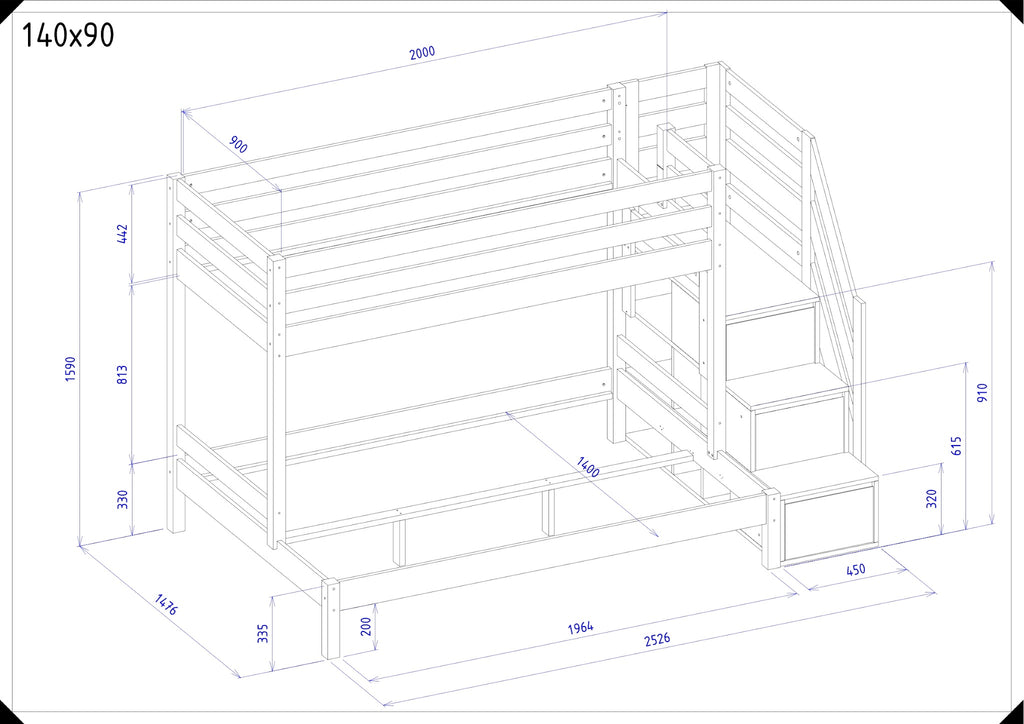 Maattekening Trio stapelbed 140x90 cm met opbergtrap en afmetingen in millimeters