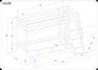 Maattekening Trio stapelbed 140x90 cm met opbergtrap en afmetingen in millimeters