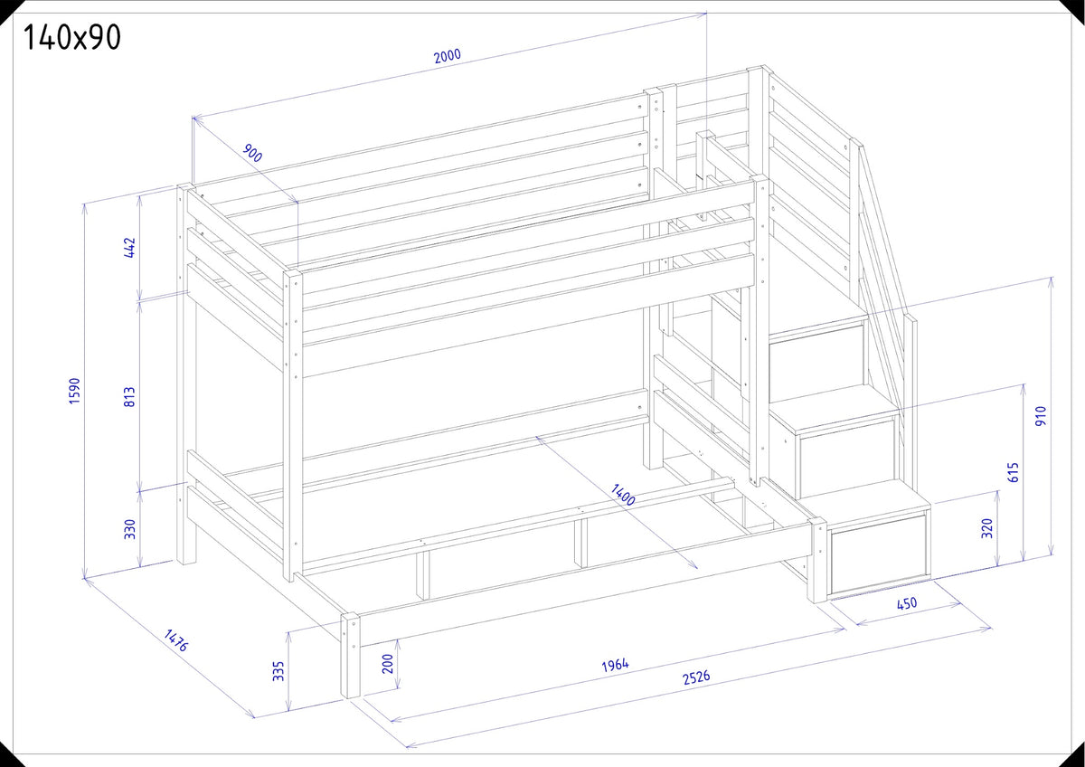 Maattekening Trio stapelbed 140x90 cm met opbergtrap en afmetingen in millimeters