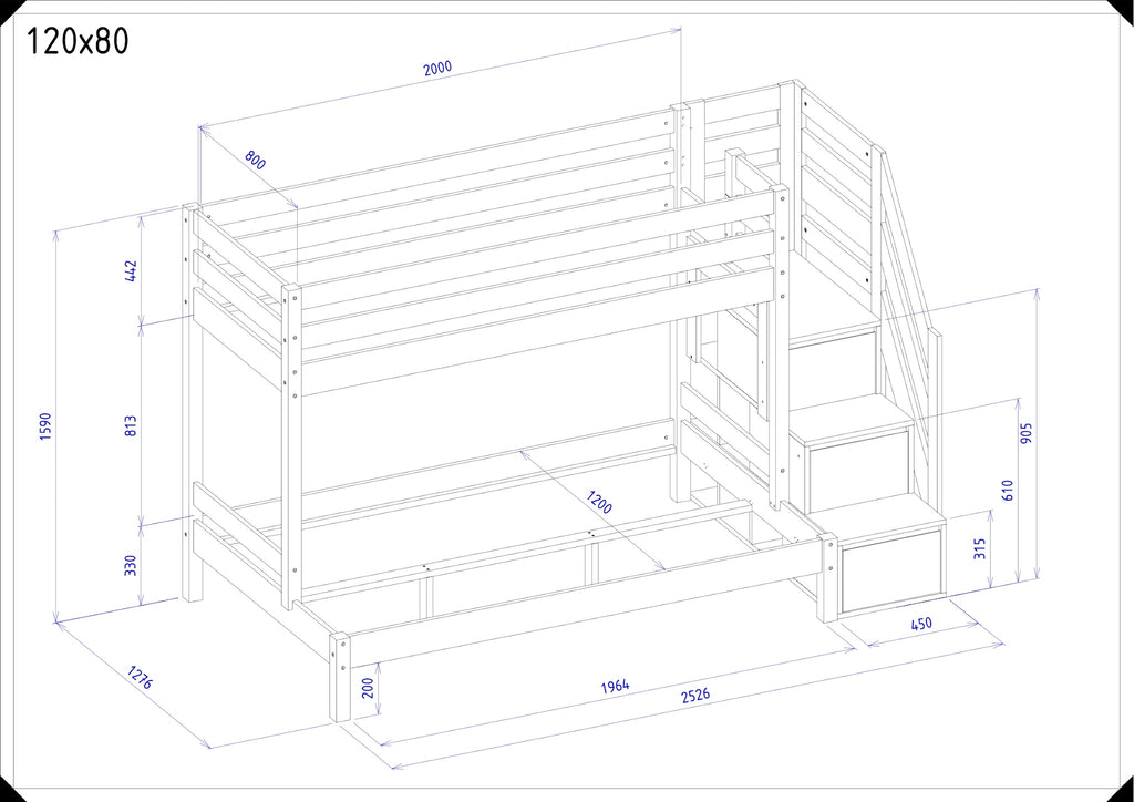 Maattekening Trio stapelbed 120x80 cm met opbergtrap en afmetingen in millimeters
