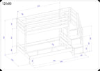 Maattekening Trio stapelbed 120x80 cm met opbergtrap en afmetingen in millimeters