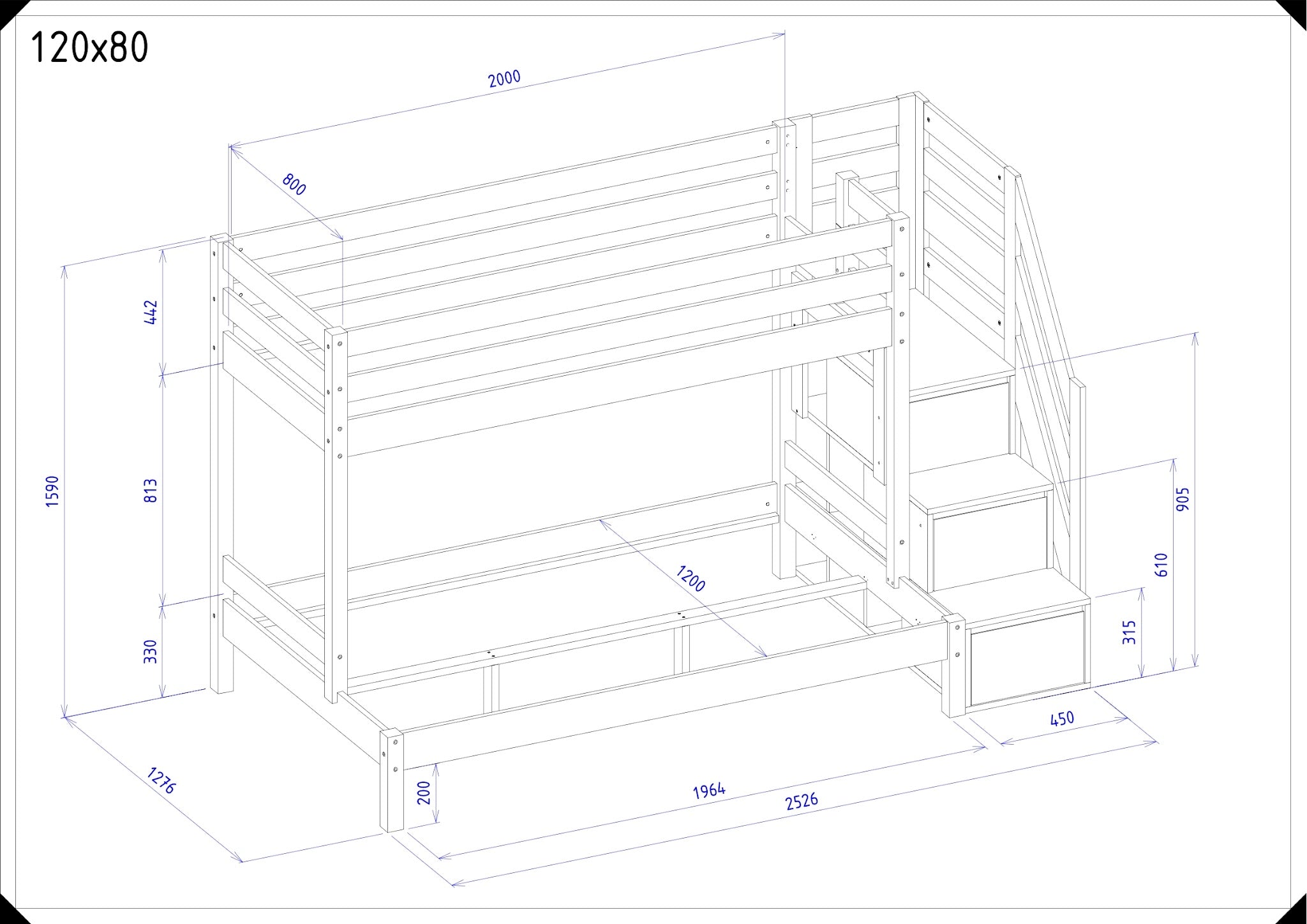 Maattekening Trio stapelbed 120x80 cm met opbergtrap en afmetingen in millimeters