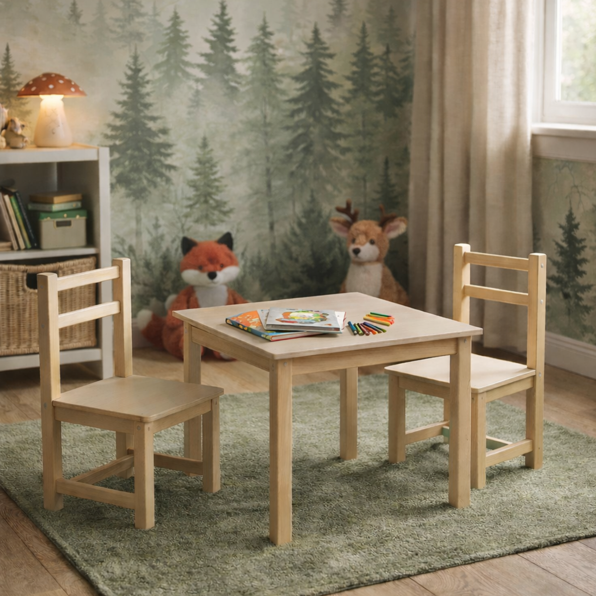 Speeltafel met 2 stoeltjes hout – detail