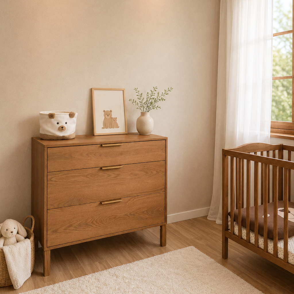 Noor commode karamel eiken met babybed in kinderkamer