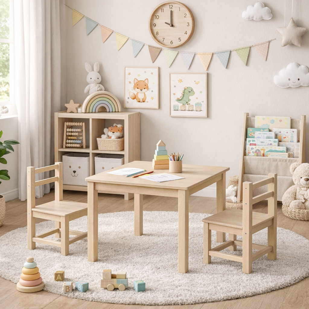 Speeltafel met 2 stoeltjes hout – sfeer