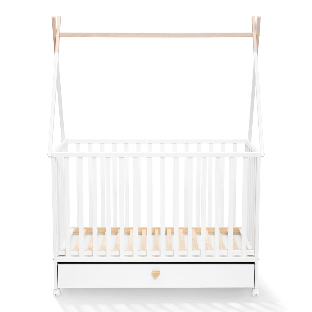 Tipi Dreamy babybed met lade en wieltjes – zijaanzicht