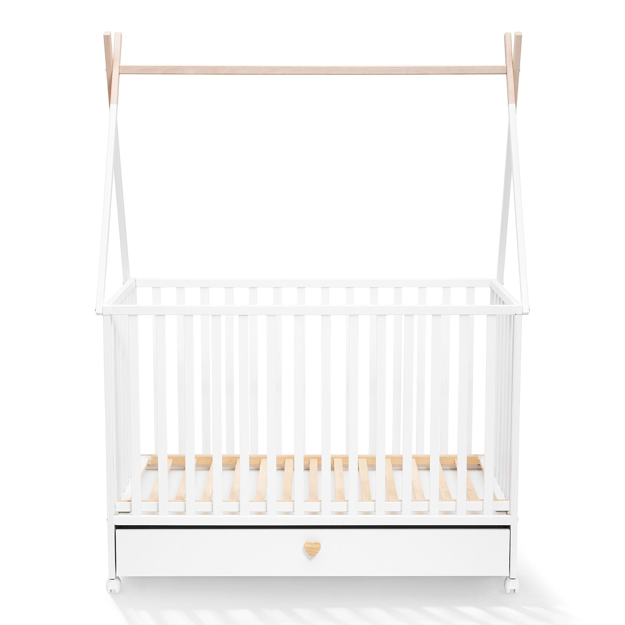 Tipi Dreamy babybed met lade en wieltjes – zijaanzicht