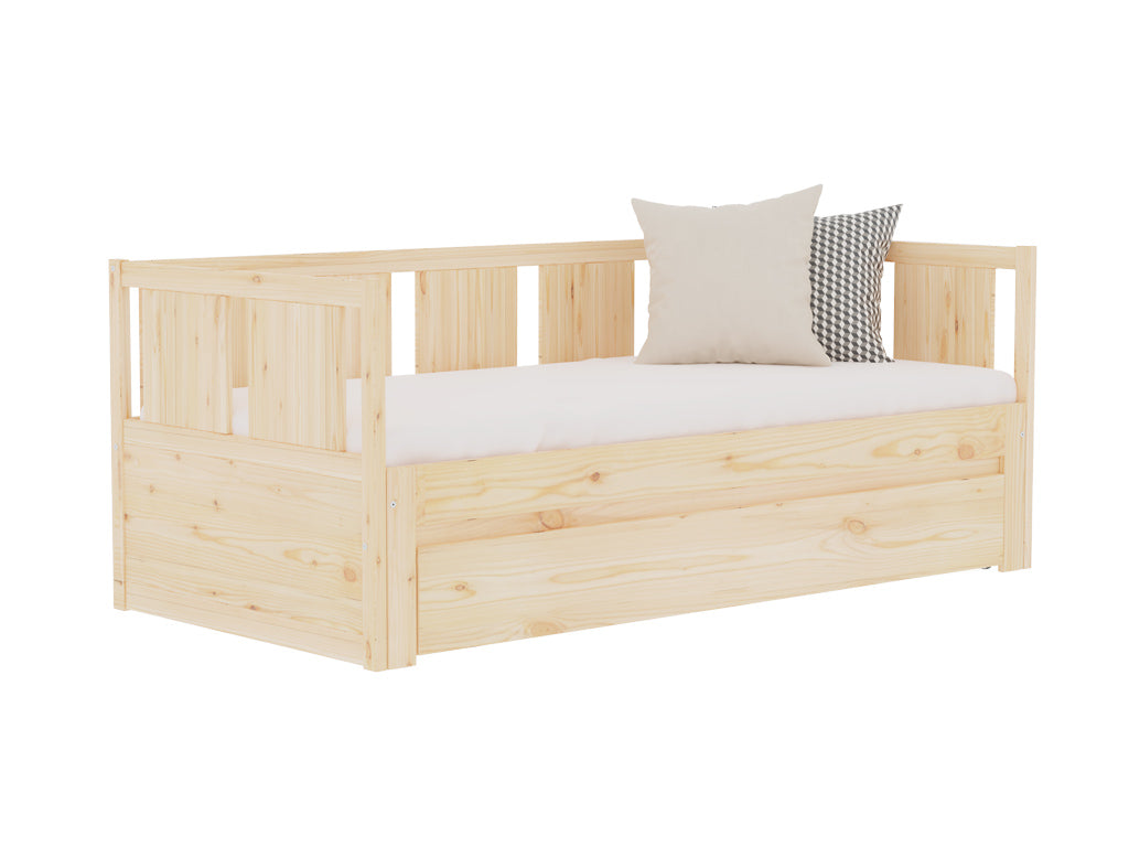 Duo uitschuifbed in blank hout met transparante olie, ingeschoven als eenpersoonsbed van 90 cm breed