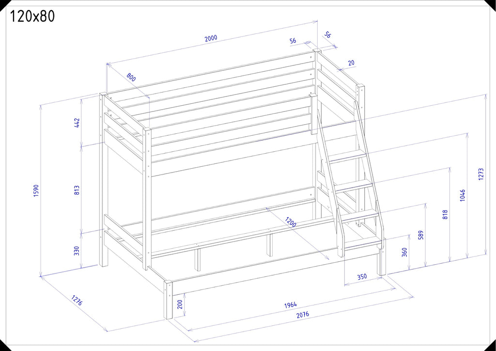 Maattekening Trio stapelbed 120x80 cm met ladder en afmetingen in millimeters