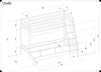 Maattekening Trio stapelbed 120x80 cm met ladder en afmetingen in millimeters