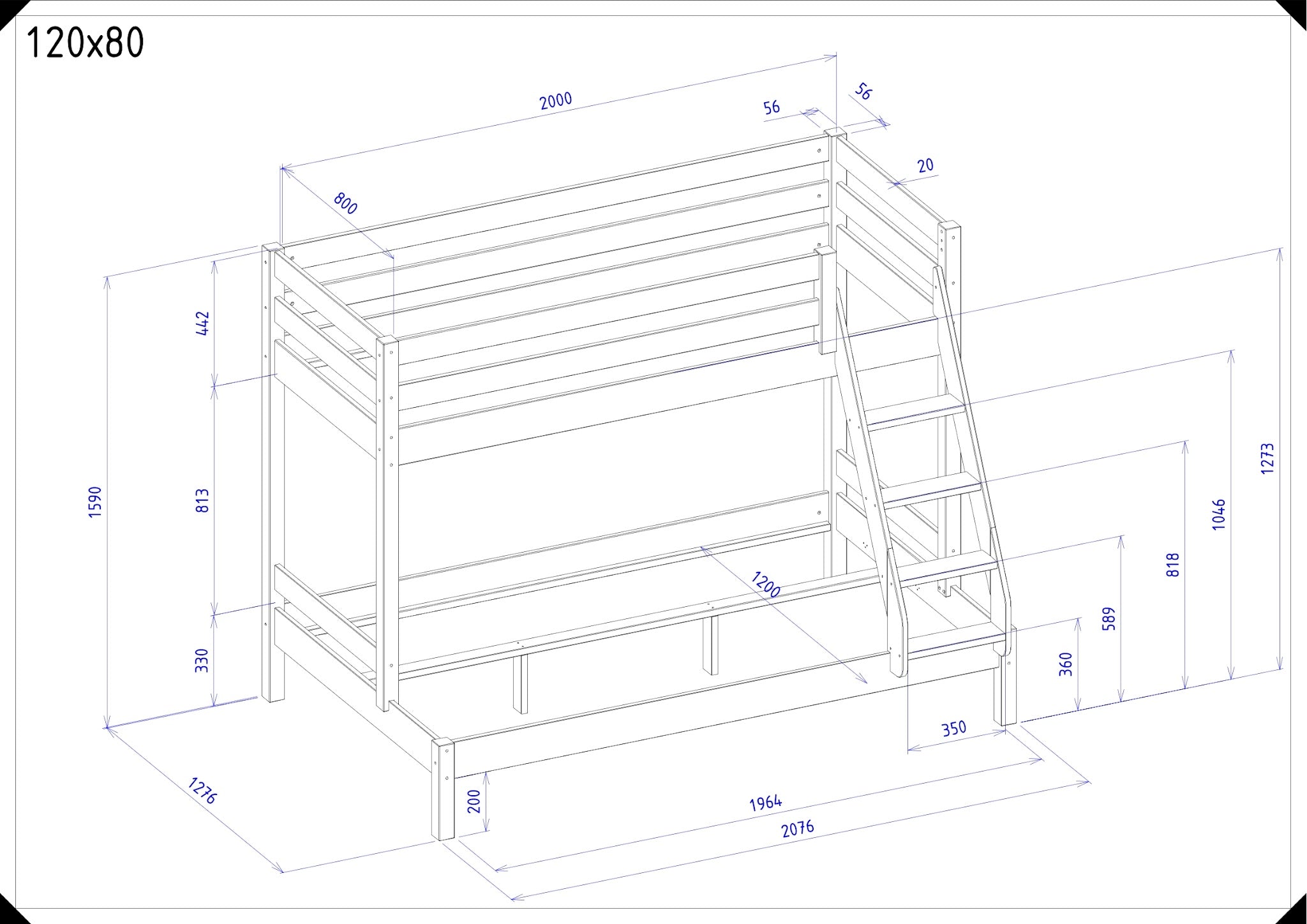 Maattekening Trio stapelbed 120x80 cm met ladder en afmetingen in millimeters