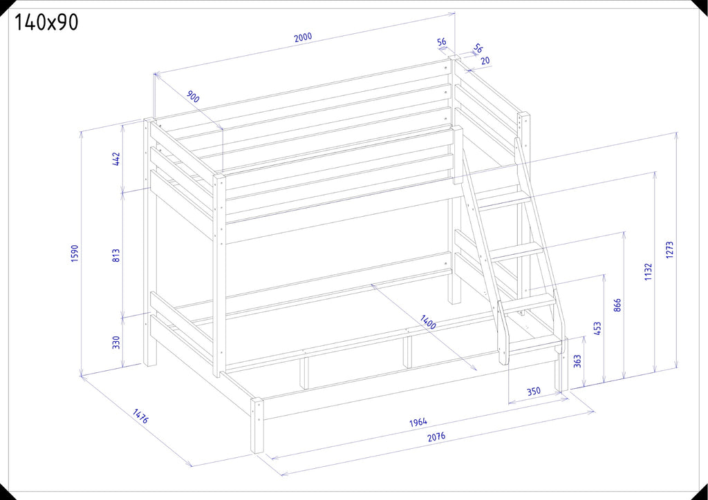 Maattekening Trio stapelbed 140x90 cm met ladder en afmetingen in millimeters