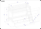 Maattekening Trio stapelbed 140x90 cm met ladder en afmetingen in millimeters