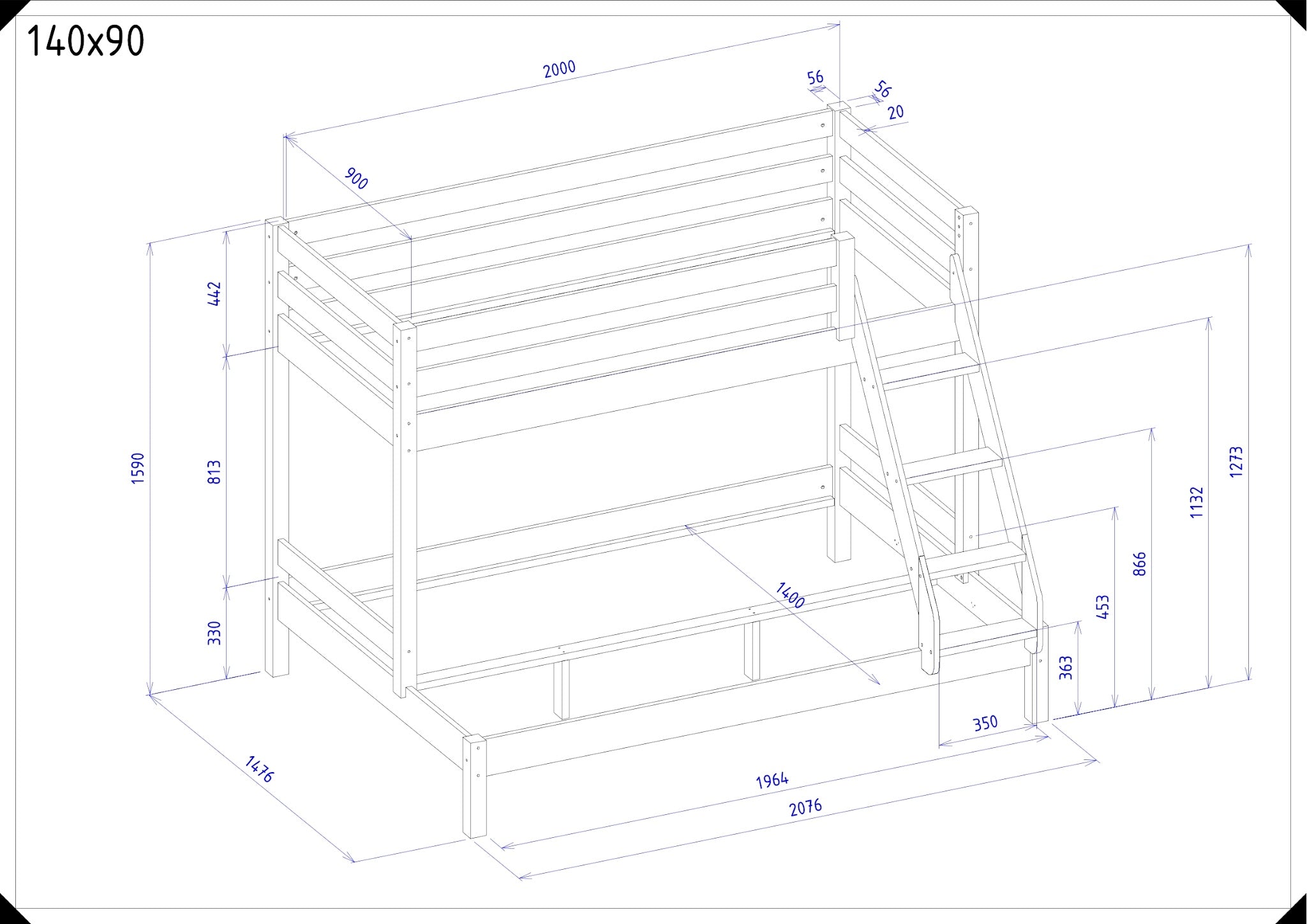 Maattekening Trio stapelbed 140x90 cm met ladder en afmetingen in millimeters