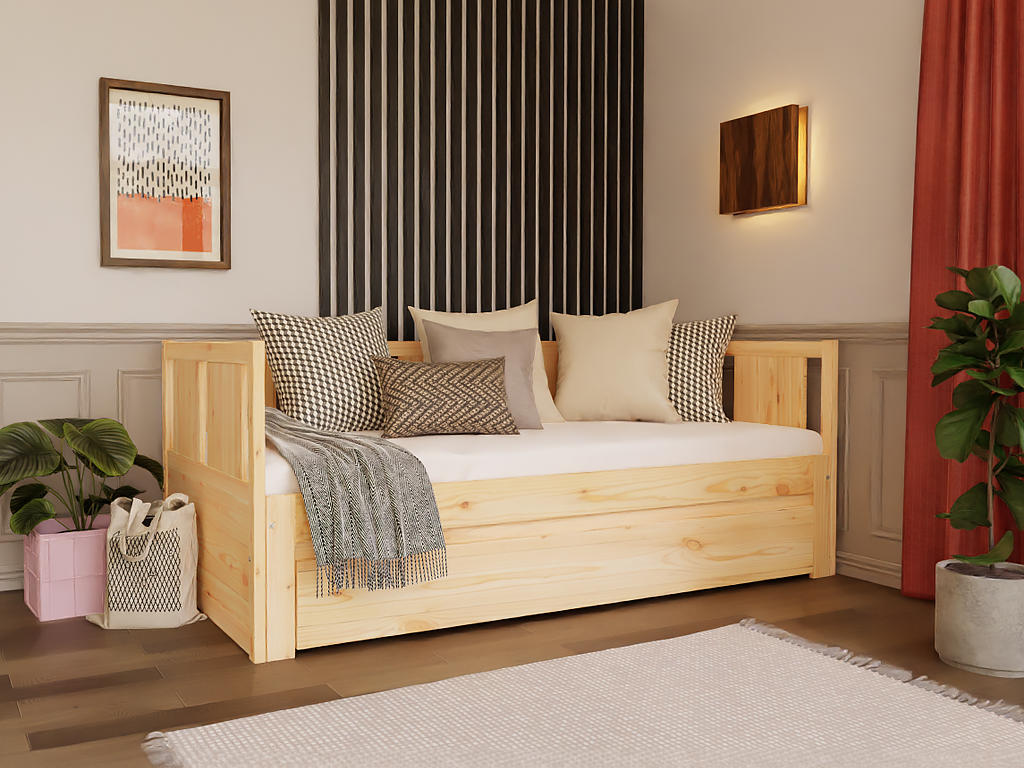Duo uitschuifbed in blank hout, ingeschoven en ingericht als zithoek in een tienerkamer