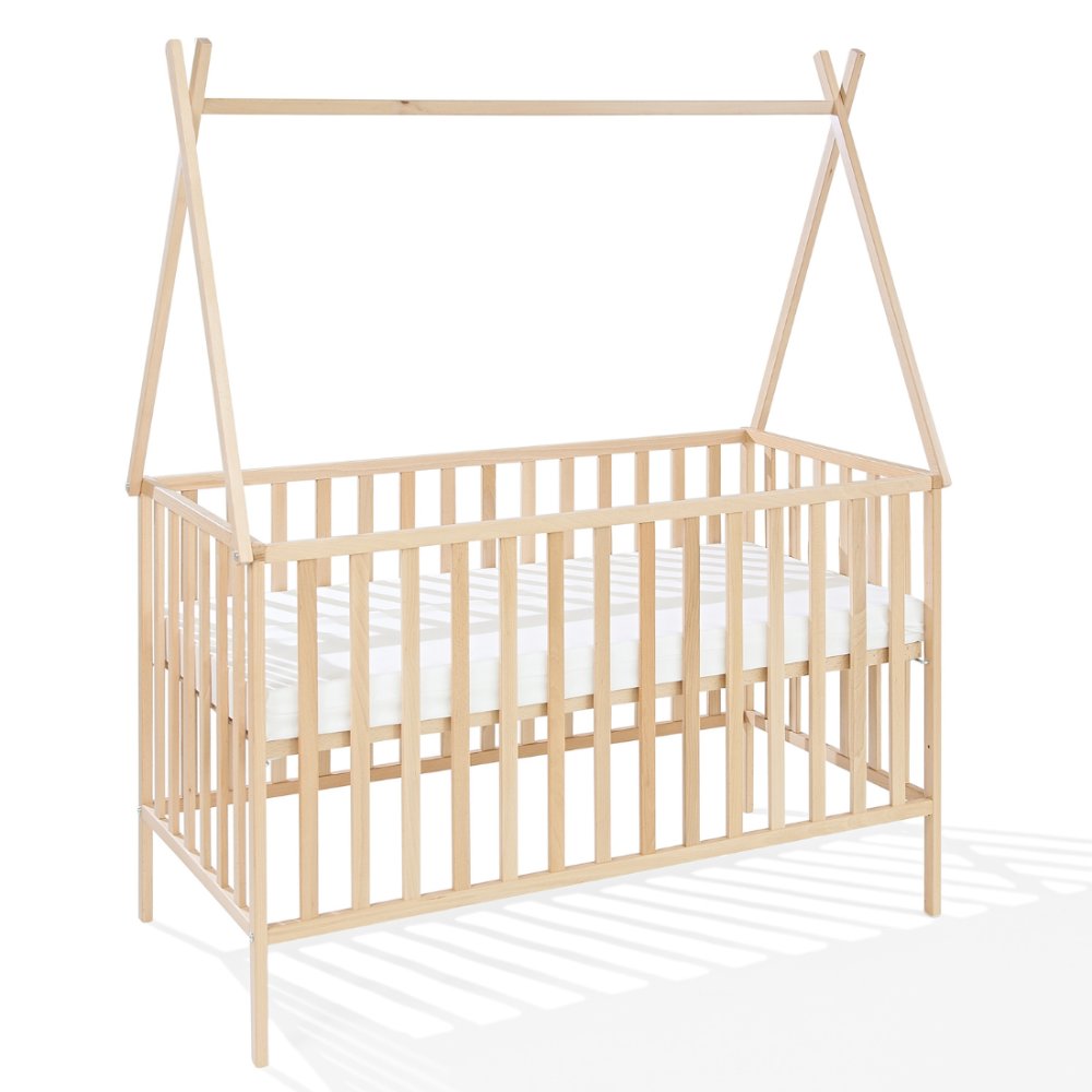 Tipi babybed naturel met matras vooraanzicht