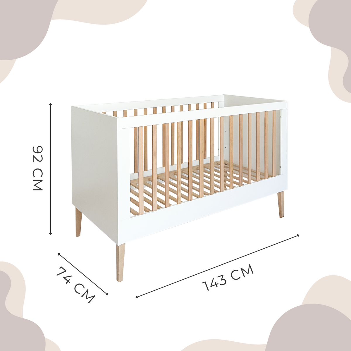 Noor babybed 2-in-1 140x70 afmetingen 92 74 143 cm