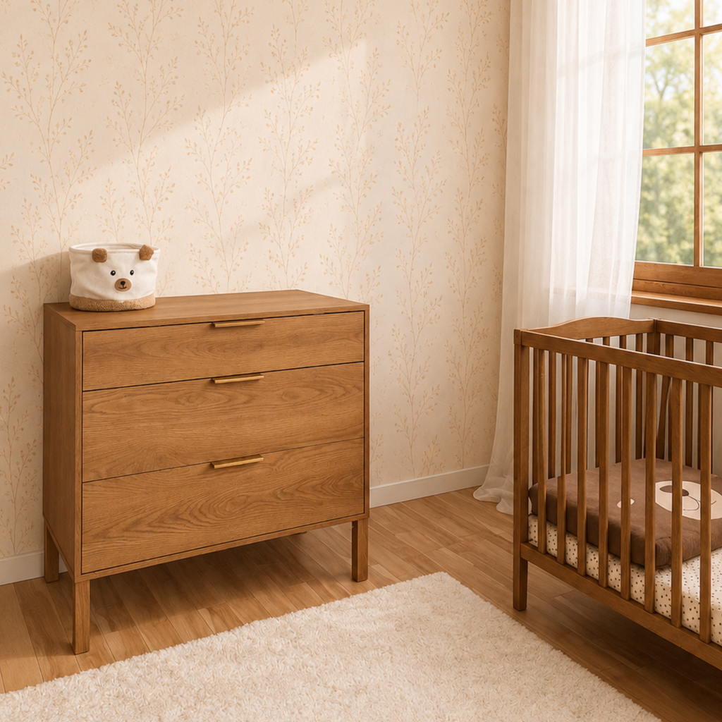 Noor commode karamel eiken met babybed, sfeerbeeld