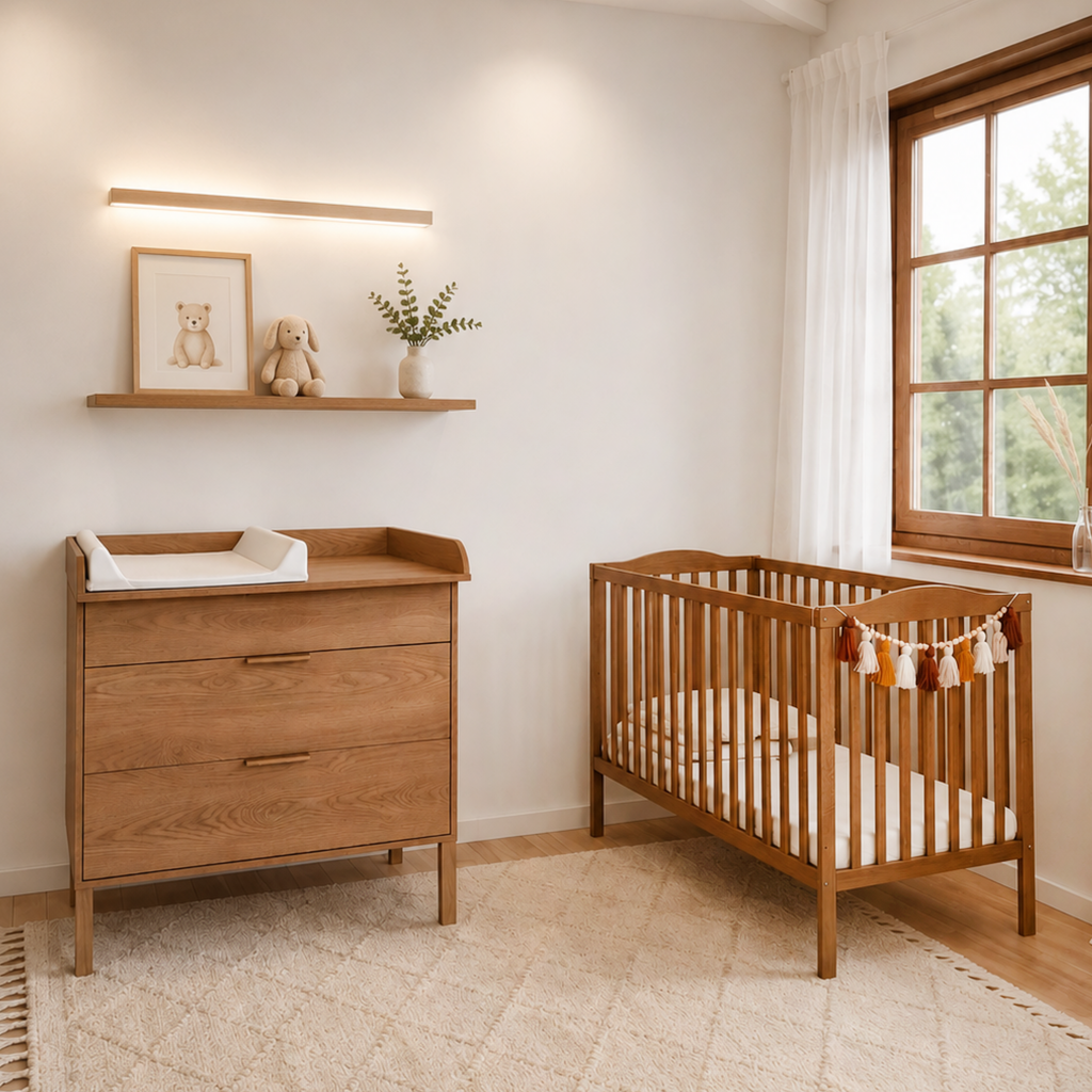 Noor commode karamel eiken met verschoonblad en babybed compleet