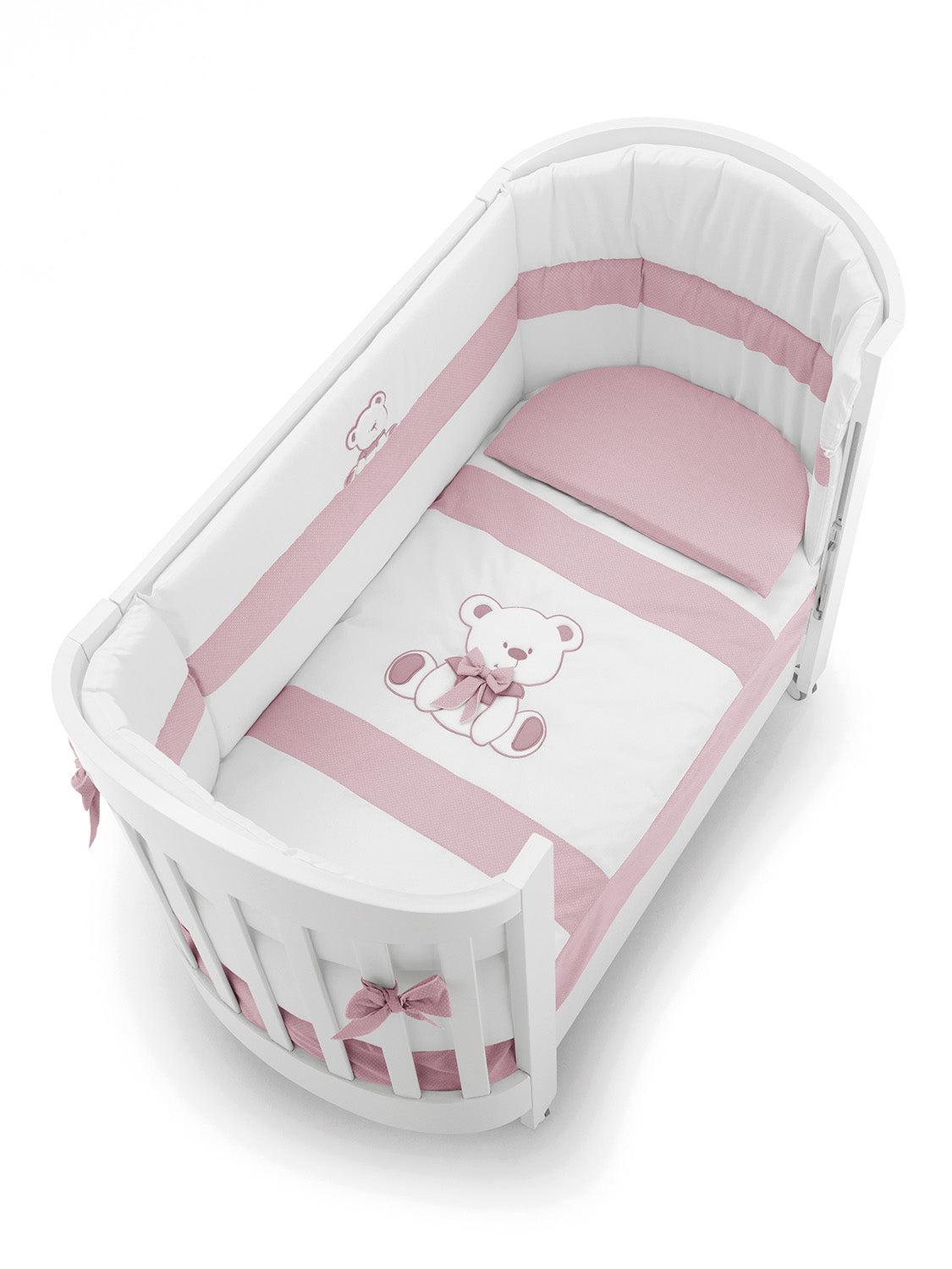 Bas ovaal babybed met roze textiel