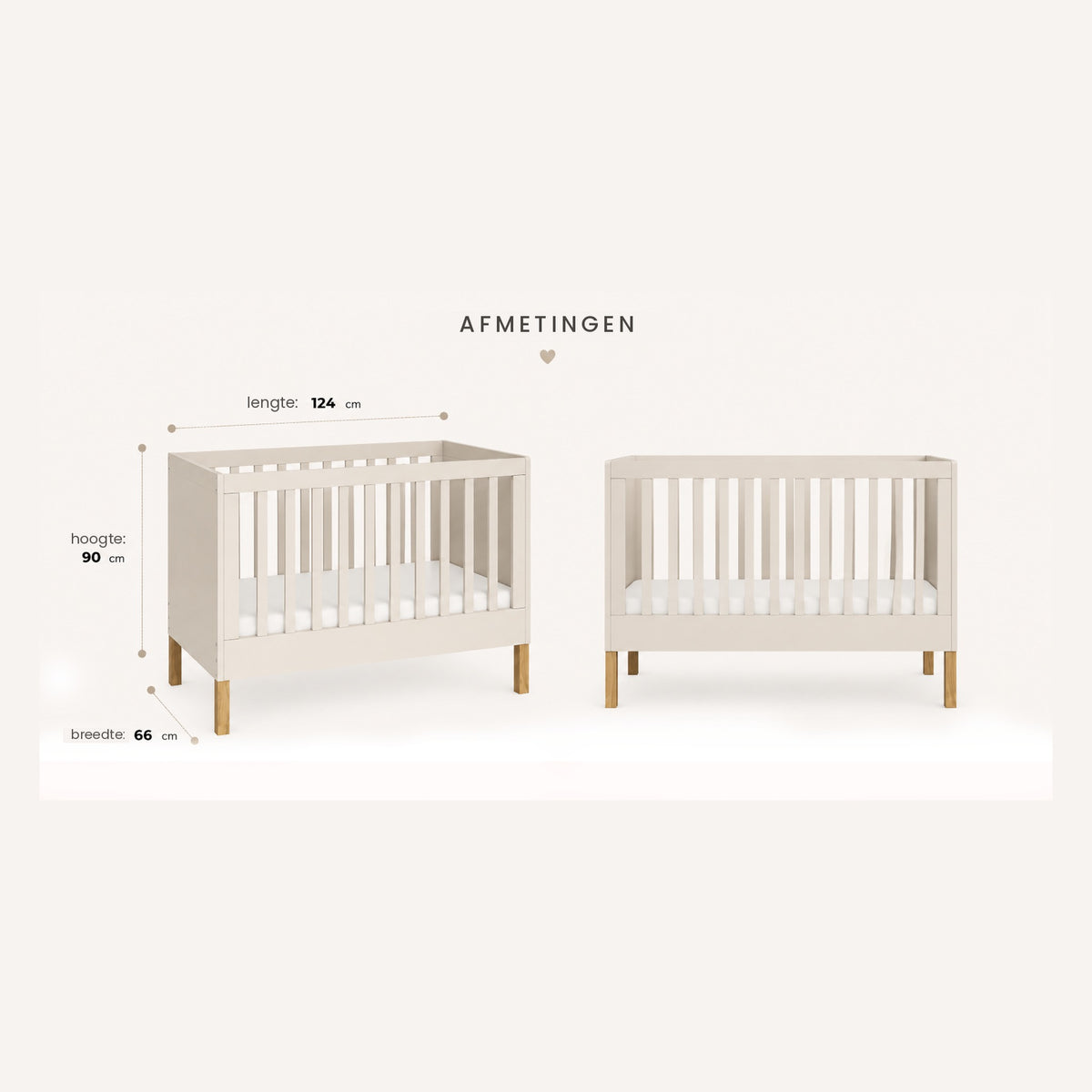 Noor babybed 120x60 cashmere maattekening 124x90x66 cm