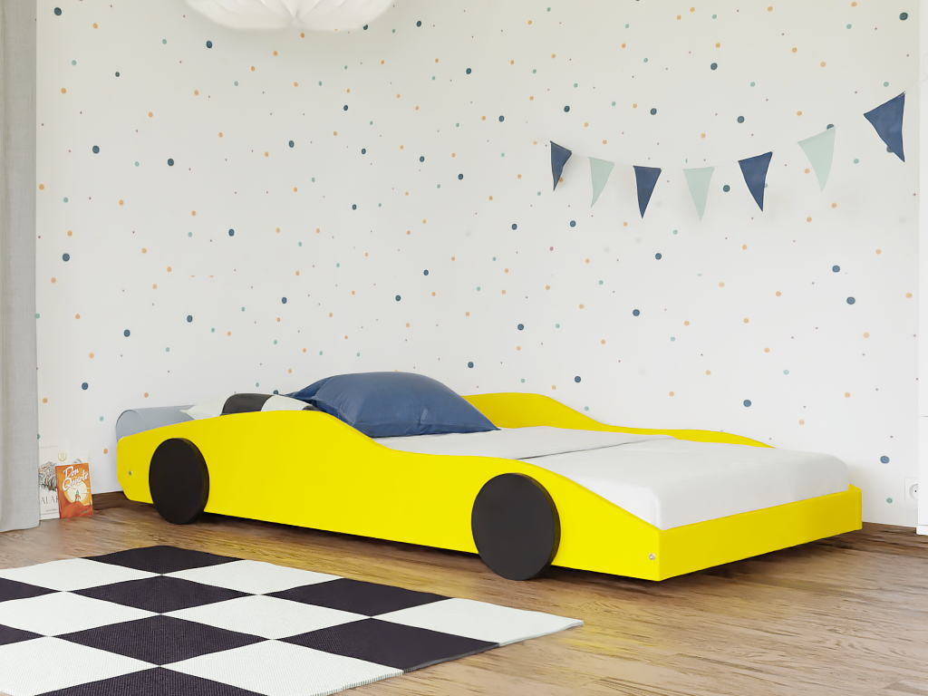 Bolide autobed in geel, zijaanzicht in een kinderkamer