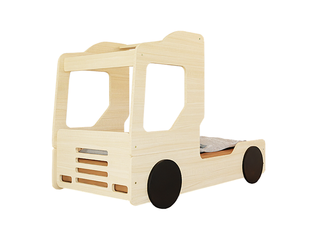 Cargo autobed in naturel hout, zijaanzicht op witte achtergrond