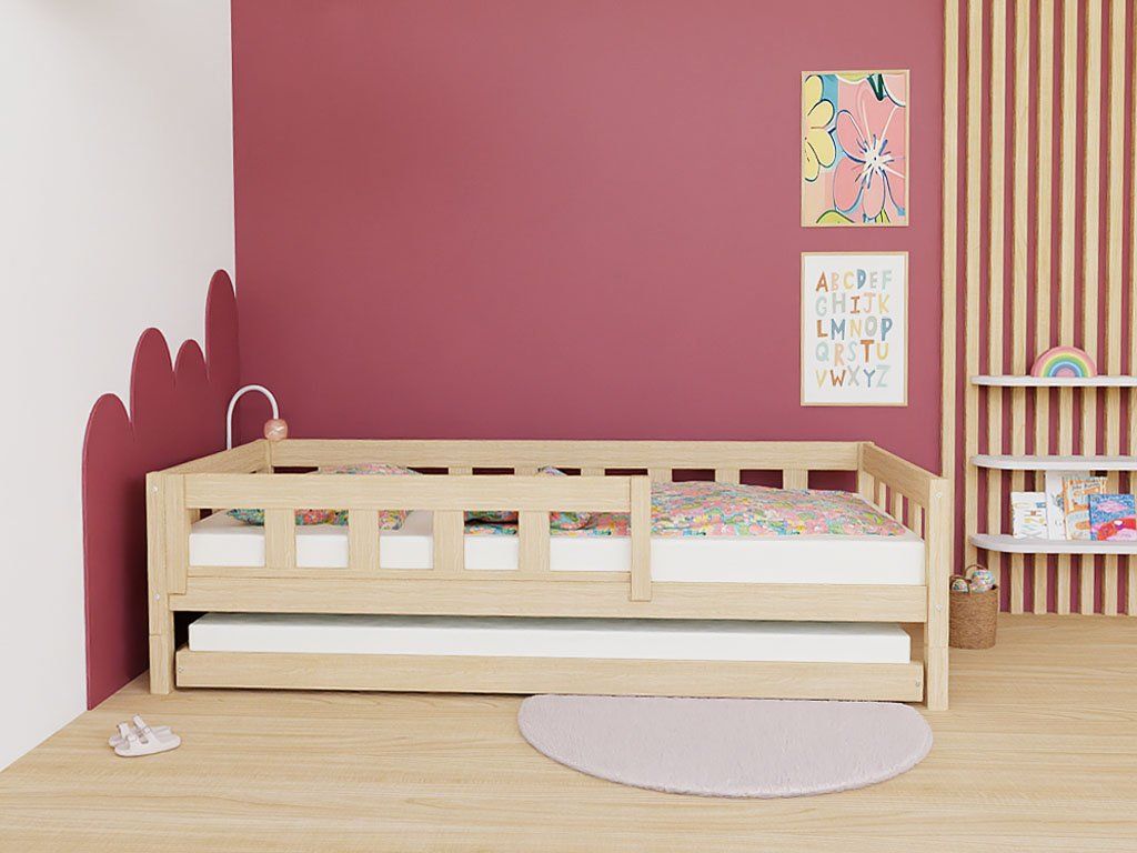 Duin kinderbed met verhoogpootjes en logeerbed, vooraanzicht