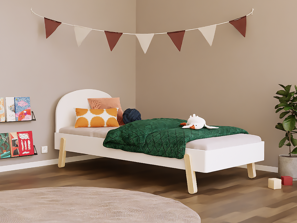 Linn bed 90x200 cm van massief hout, getoond met een los verkrijgbaar rond hoofdbord dat niet is inbegrepen
