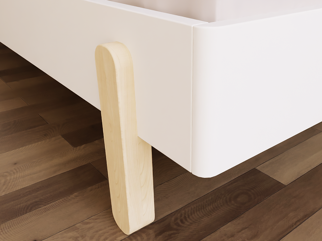 Linn bed, detail van de rechte naturel houten poot onder het witte bedframe