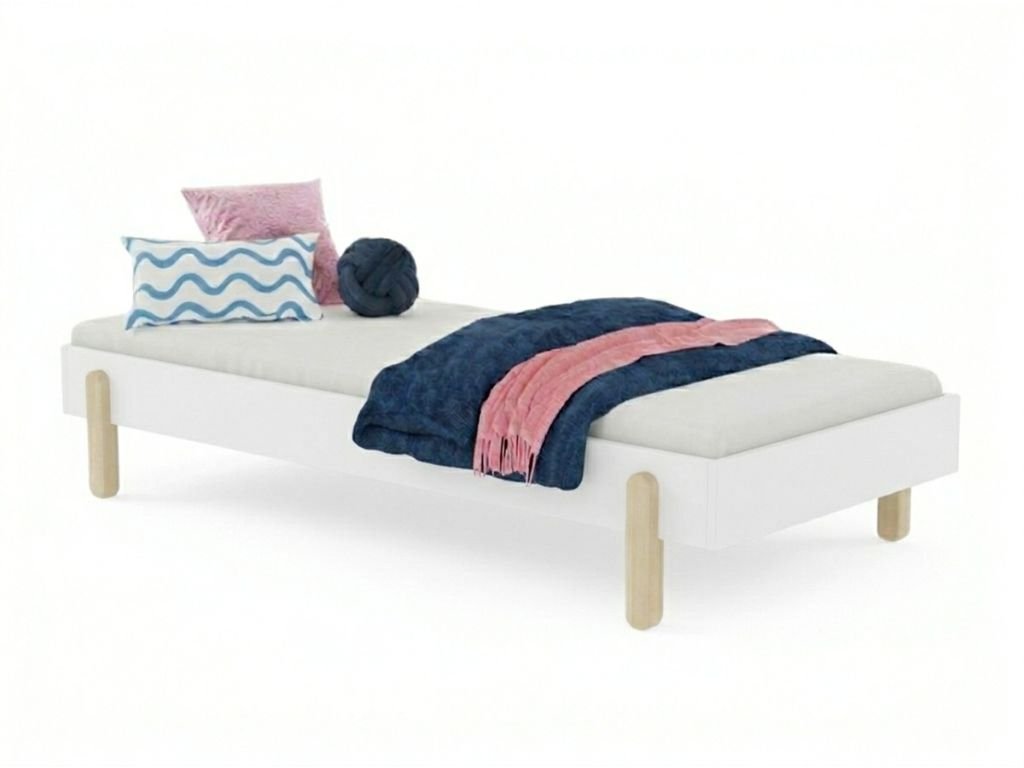 Linn bed 90x200 cm in wit, vrijstaand vooraanzicht met naturel houten poten
