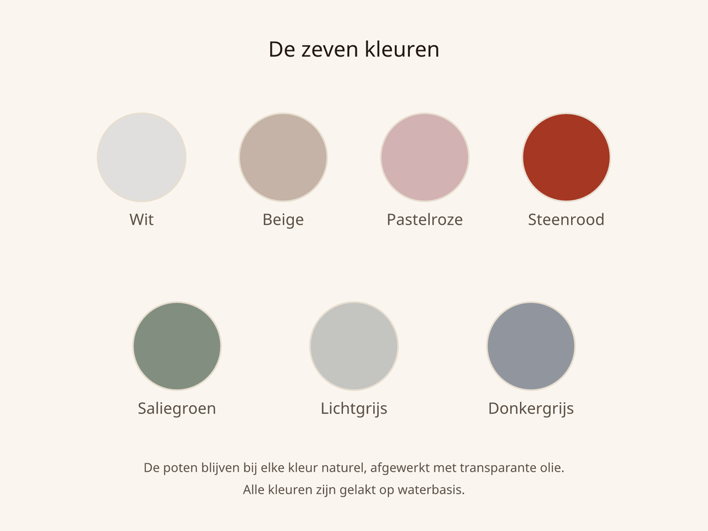 Kleurenoverzicht Linn bed: de zeven kleuren, met poten in transparante olie