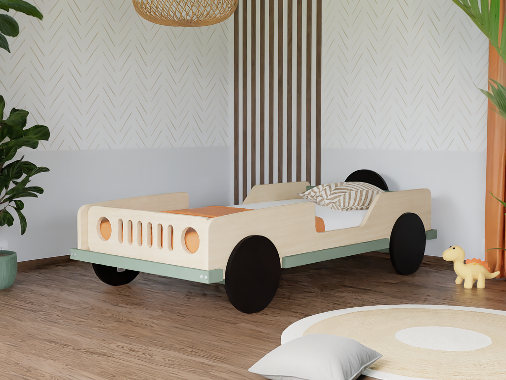Scout autobed in transparante olie met saliegroen, naturel koetswerk met saliegroene bumper