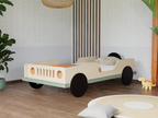 Scout autobed in transparante olie met saliegroen, naturel koetswerk met saliegroene bumper