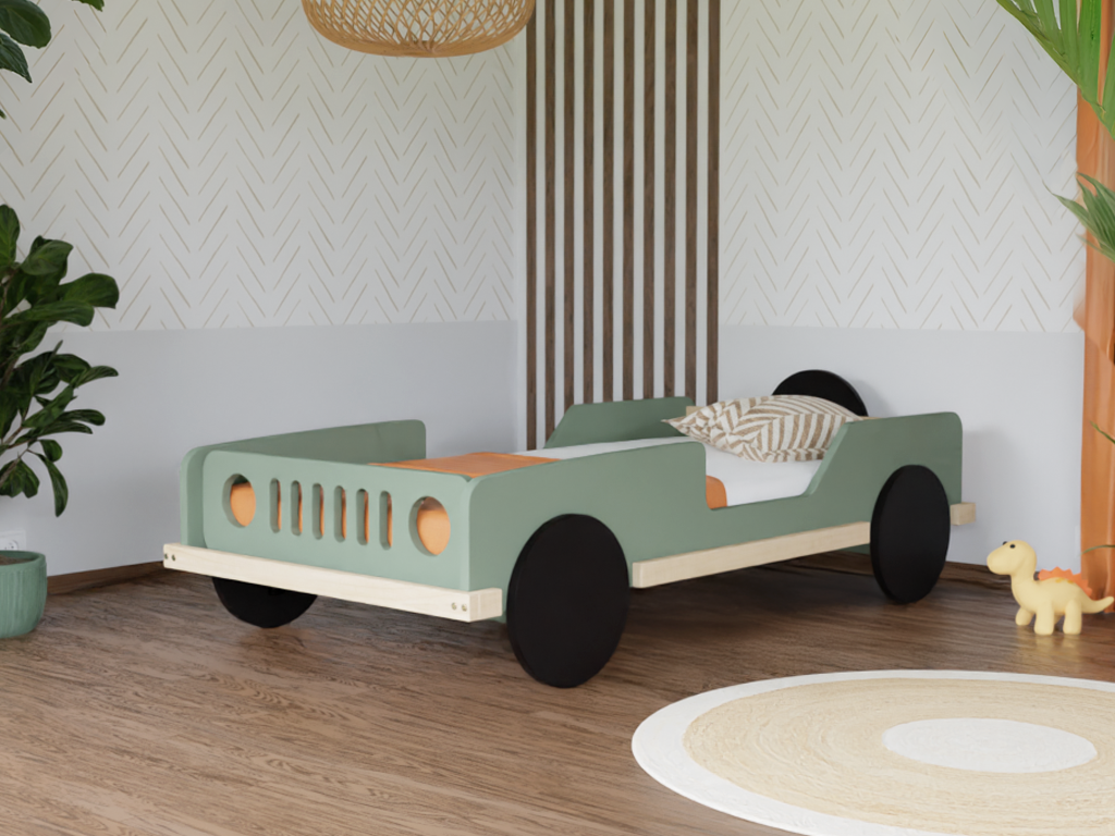 Scout autobed in saliegroen, open terreinwagen met bumper in naturel hout