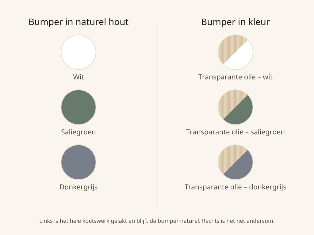 Kleurenoverzicht Scout autobed: zes kleuren, met de bumper in naturel hout of in kleur