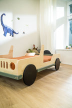 Terra autobed 80×160 in naturel met saliegroen, schuin vooraanzicht