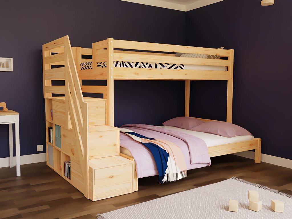 Trio stapelbed in transparante olie, breed onderbed en bovenbed met opbergtrap