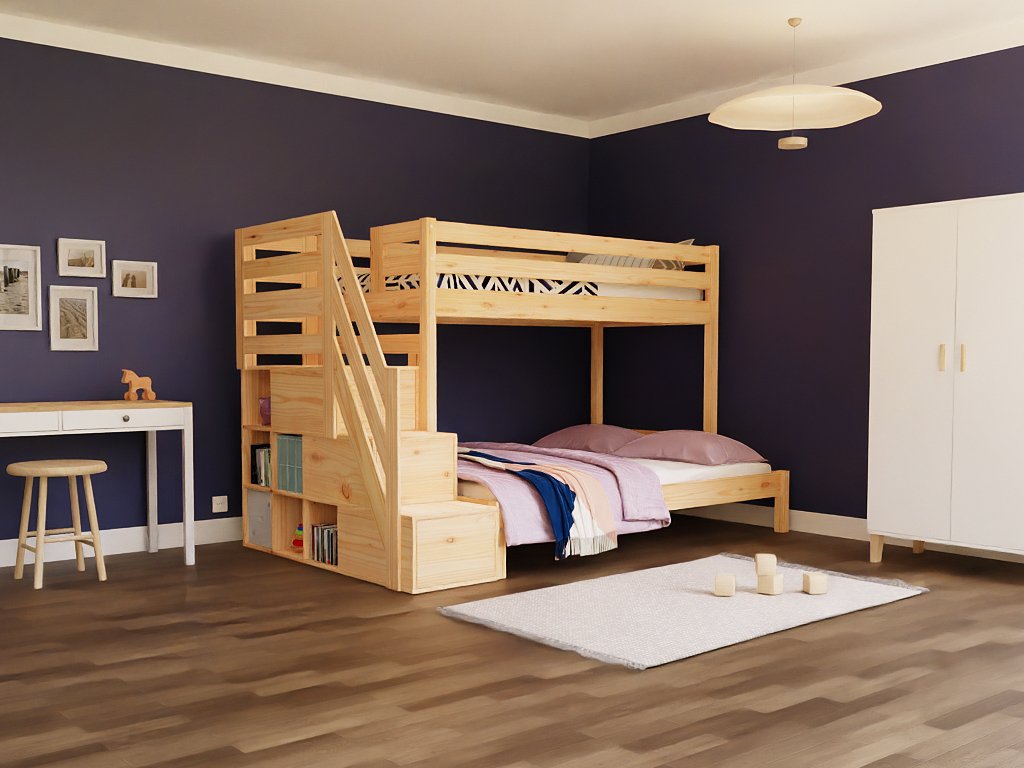 Trio stapelbed in transparante olie in een kinderkamer